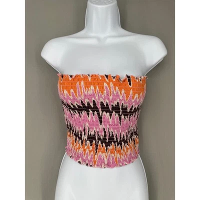 Monki Top 女式 XL 粉红色缩褶弹力作物管五颜六色的无肩带棕色海滩 — 第 1/4 张图片