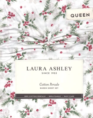 Laura Ashley Queen Sheet Set Berry Bright Cranberry Red 4pc Green Holiday Shabby - Image 1 of 4