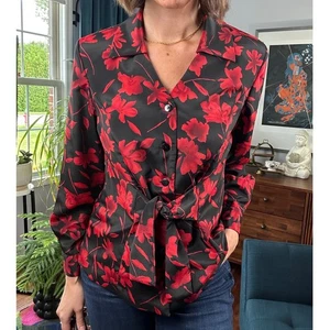 Vintage 90s Black Red Satin Floral Blouse Tie Waist Bold Print Statement Top M - Picture 1 of 4