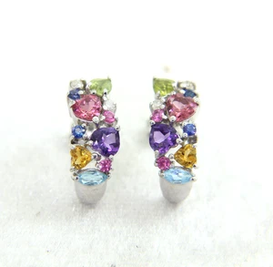 Aretes tipo argolla de diamantes con múltiples gemas de oro blanco de 9 quilates - Imagen 1 de 4