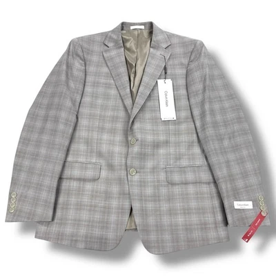 全新带标签 Calvin Klein 修身西装夹克棕褐色格子羊毛混纺男式 44R - 450 美元 — 第 1/4 张图片