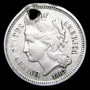 1867 Copper Nickel Three Cent Piece 3cp ---- Nice Holed Coin ---- #941U - Picture 1 of 2