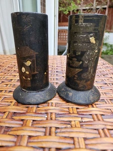ANTIQUE JAPANESE LACQUERED PAPIER MÂCHÉ VASES BRUSH POTS MEIJI PERIOD HAND PAINT - Picture 1 of 18