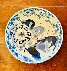 Antique Japanese Handpainted Blue & White Arita Imari 16” Bowl Wild Horses - Picture 1 of 7