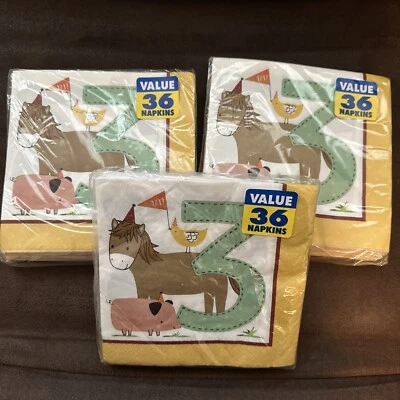 3 Packs Barnyard Birthday Party Napkins 3rd Bday Farm Animals Pig Horse 36 Count - Image 1 of 2