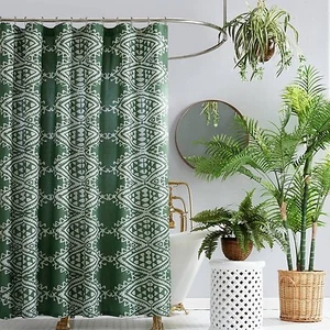 Jungalow Geometric Motif Cotton Shower Curtain 72"x72", Green - Picture 1 of 2