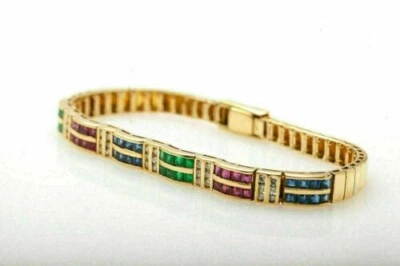 14Ct Princess Cut Ruby Emerald Sapphire Tennis Bracelet 14K Yellow Gold Finish - Image 1 of 4