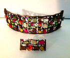 Wide Multi Color Faceted Crystals Lg&Sm Link Cuff Bracelet Bronzetone W/Link Pin
