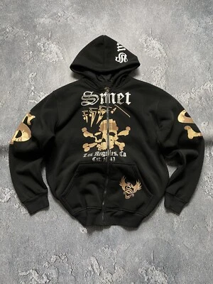 Smet Black Dollar Skull Ed Hardy Style Y2K Zip Hoodie Size XL - image 1 of 4