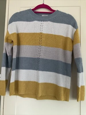 Fat Face Colour Block Striped Jumper Ochre Blue Cream Grey 8 - Image 1 of 4