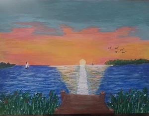 Sonnenuntergang über dem Ozean Acrylgemälde auf 9" x 12" Leinwand gemalt und signiert von  - Bild 1 von 1
