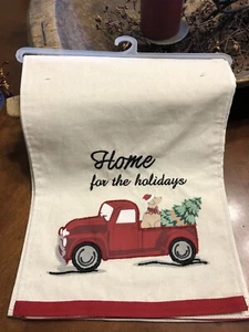 Christmas Table Runner Vintage Red Truck Christmas Tree Dog Home For The Holiday - Picture 1 of 8