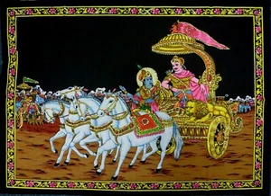 Hindu God Lord Krishna Chariot Sequinned Indian Wall Hanging 110 x 80 cm - Picture 1 of 1