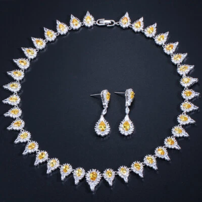 Yellow Topaz Cubic Zircon Round Choker Necklace Dangle Drop Earrings Jewelry Set - Image 1 of 4