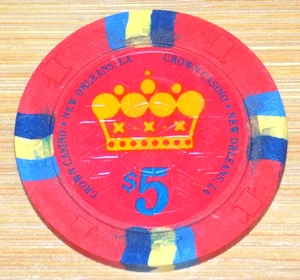 CROWN CASINO $5 RIVERBOAT Poker Gaming Chip New Orleans LA Red Cancelled Collect - Picture 1 of 3