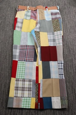 复古 70 年代拼布涤纶靴切针织裤 36x29 嬉皮高尔夫真复古 — 第 1/4 张图片