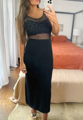 Nuevo con etiquetas Vestido Maxi Deadstock Vintage Kimie Negro Panel Ilusión Talla 10 Foto 1 de 4