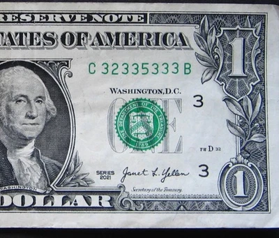 2021 $1 (ONE DOLLAR) - NOTE - FANCY SERIAL NUMBER - TRINARY, SIX 3's - Image 1 of 3
