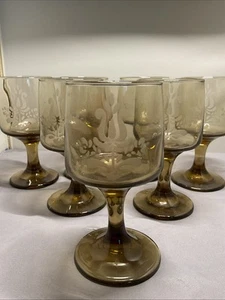 7 Vintage Pfaltzgraff Tawny Etched Accent Stemmed Glasses, 5.25” Tall - Picture 1 of 4