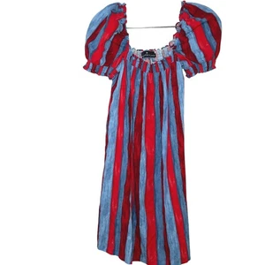 Vestido midi Pomander Place rojo azul a rayas manga abullonada ajustado al hombro XS - Imagen 1 de 7