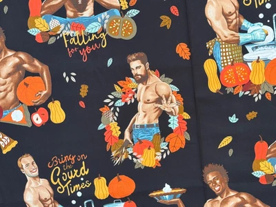 Alexander Henry Fabric Falling For You Black Pumpkins Sexy  Hunks 36" X 42" New - Image 1 of 4