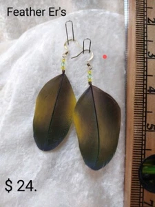 Handmade Feather Earrings 3" W/ Swarovski Crystal on Gold-Plated Ear Wire! - Picture 1 of 1