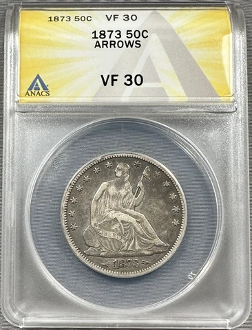 1873 Seated Liberty Half Dollar 50c - ANACS VF30 Arrows - Original Type Coin Cover