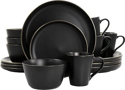 Elama Paul 16 Piece Stoneware Dinnerware Dish Set in Matte Black with Gold Rim - Image 1 of 4
