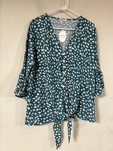 Kancystore Womens Button Down V Neck Tie Knot Front Tops 3/4 Sleeve Chiffon, NWT - Picture 1 of 3