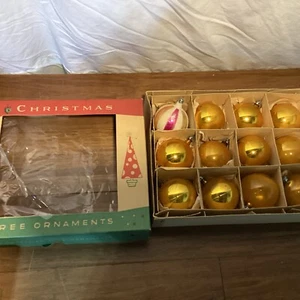 Vintage Weihnachtsschmuck 12 Stück Quecksilber Glaskugeln in Fantasia Gold Polen - Bild 1 von 4