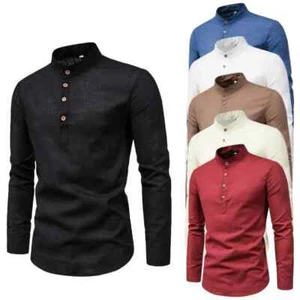 Mens Casual Cotton Shirt Long Sleeve Stand Collar Pullover Button Henley T-shirt - Picture 1 of 30