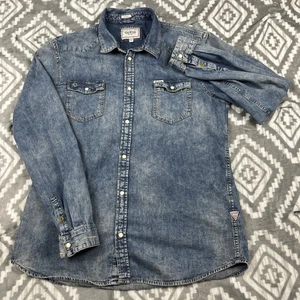 Guess Denim Shirt Mens XL Acid Wash Blue Long Slv Distressed Pearl Snap Western - Picture 1 of 13