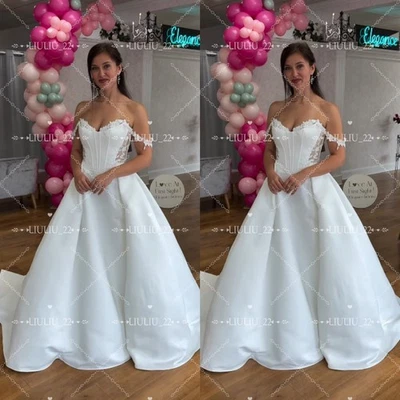 Vestidos de noiva de cetim linha A trem varredura fora do ombro aplique de renda vestidos de noiva - Imagem 1 de 4