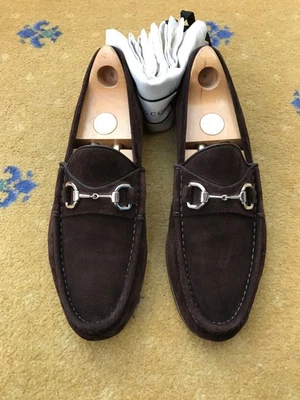 Gucci Mocasines Zapatos Gamuza Marrón Plata Hebilla Mordida de Caballo Para Hombres Reino Unido 9 EE. UU. 10 UE 43 Foto 1 de 4