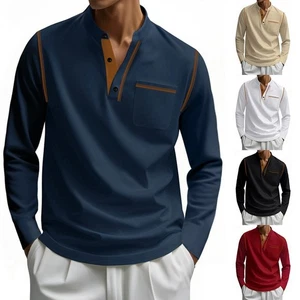 Stand Collar Men Long Sleeve Pullover Shirt Casual Outdoor Loose Fit Design - Picture 1 of 41