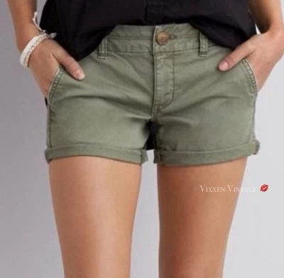 VINTAGE Y2K AEO LOW RISE DISTRESSED KHAKI CUFFED ‘MIDI’ SHORTS IN OLIVE - Image 1 of 4