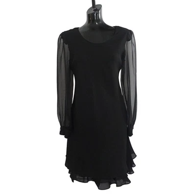 Vtg Black Cocktail Dress Sz 8 Long Sleeve Sheer Chiffon Flutter Hem CACHET USA - Image 1 of 4
