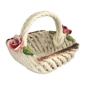 Vintage Capodimonte Nuova Porcelain Wicker Basket Rose Flower Small - Italy - Picture 1 of 11