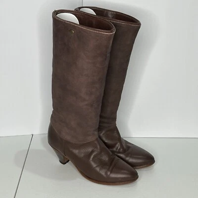 FRYE Tall Brown Leather Riding Boots Sz 8 70s RARE Style Cone Heel Vintage USA - Image 1 of 4