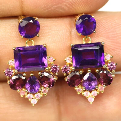 Pendientes de plata de ley 925 amatista púrpura, granate rodolita y zafiro  Foto 1 de 4