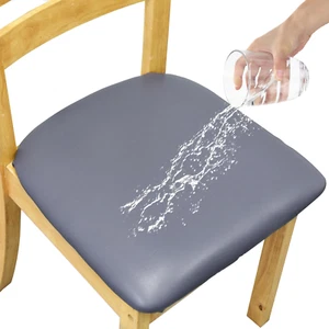 Leather Stretch Chair Seat Covers with Elastic Ties,Waterproof Dining Room PU Le - Picture 1 of 12