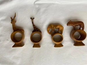Vintage set of 4 Hand Carved Wooden African Safari Animal Napkin Ring Holders - Picture 1 of 7