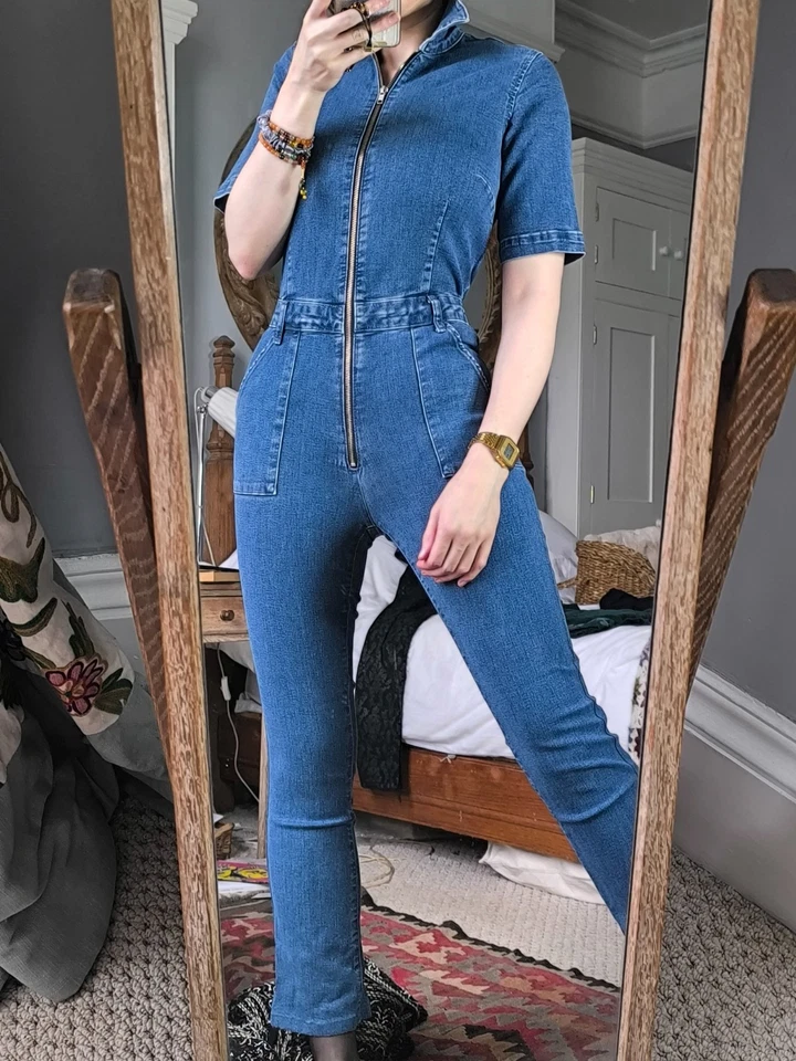 Macacão Mango MNG azul com zíper denim manga curta sexy lisonjeiro tamanho M - Imagem 1 de 4