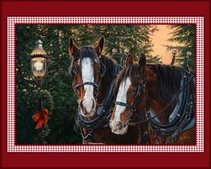 MERRY & BRIGHT Fabric Quilt Panel 36" x 45", Christmas, Holiday, HORSE, Farm Ani - Picture 1 of 2