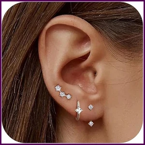 3 Pairs Sterling Silver Stud Hoop Earrings Set for Women 14K Gold Plated - Foto 1 di 26