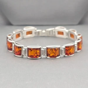 Sterling Silver & Amber Link Bracelet 8" Snap Clasp Czech Republic 21.94g Signed - Picture 1 of 11