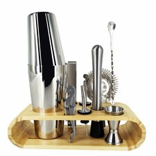 Bartending Kit Attrezzi Cocktail Set Shaker Acciaio Inox Barre Con Legno Stand