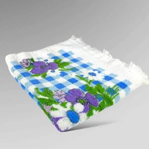 Vintage Blue Purple Whimsical Floral and Check Design Bath Towel Maker Unknown - Picture 1 of 7