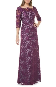 JS Collections Women Illusion Purple Bateau Neck Embroidred Gown 3/4 Sleeve SZ 6 - Picture 1 of 10