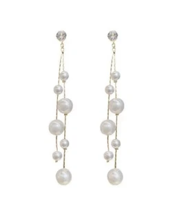 White Pearl Long Tassel Dangle Drop Earrings for Women, Elegant Pearl New - Picture 1 of 5